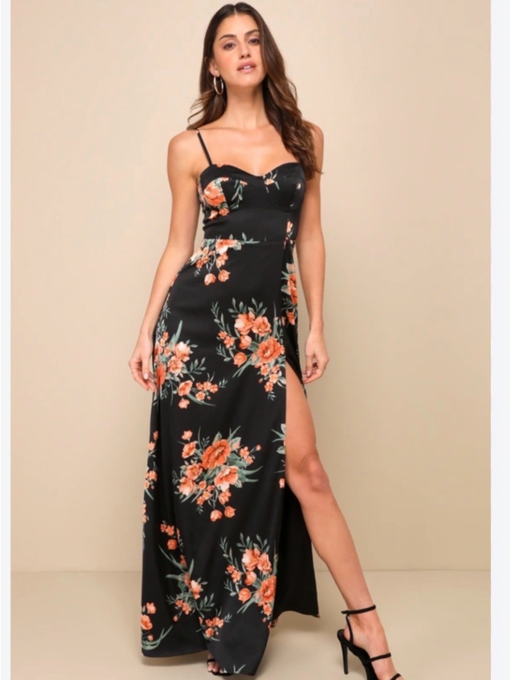 Lulu's Black Maxi Dress with Coral Floral Print